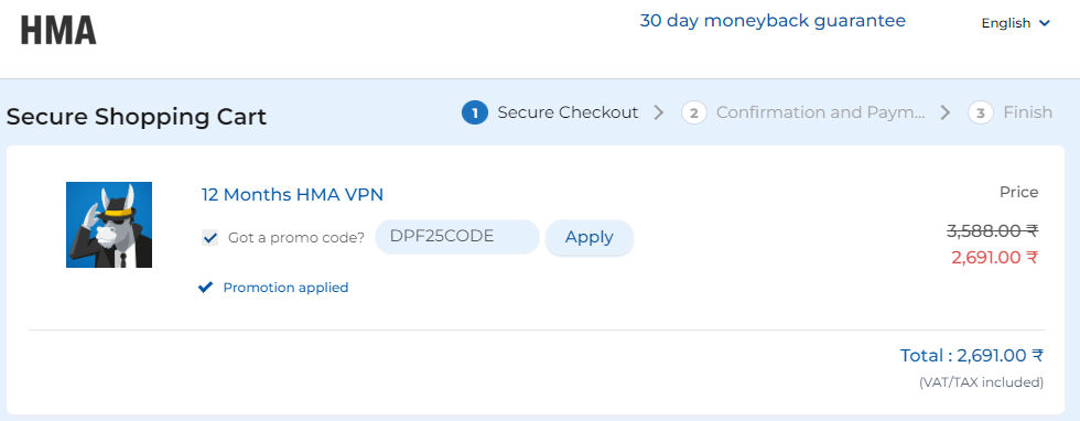 HideMyAss VPN Coupon DPF25CODE Validation Proof