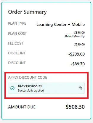 LearnWorlds Coupon BACK2SCHOOL24 Validation Proof