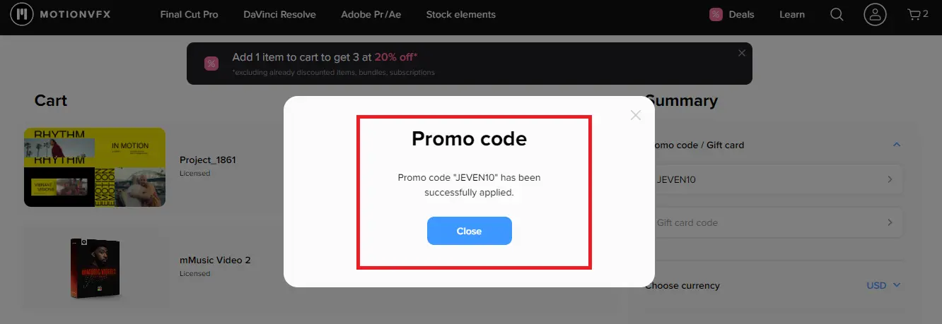 MotionVFX Coupon JEVEN10 Validation Proof
