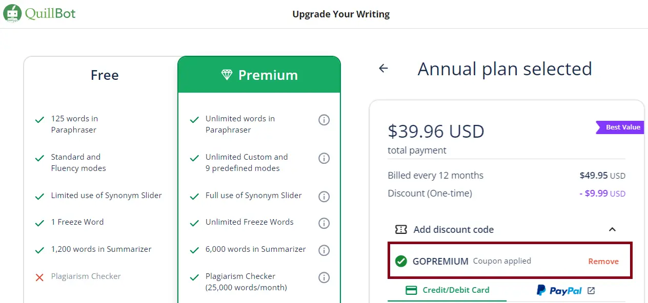 Quillbot Coupon GOPREMIUM Validation Proof