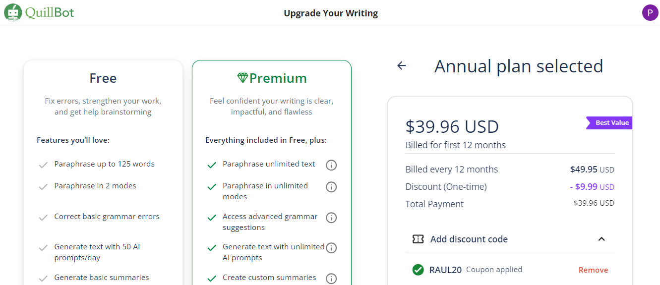 Quillbot Coupon RAUL20 Validation Proof