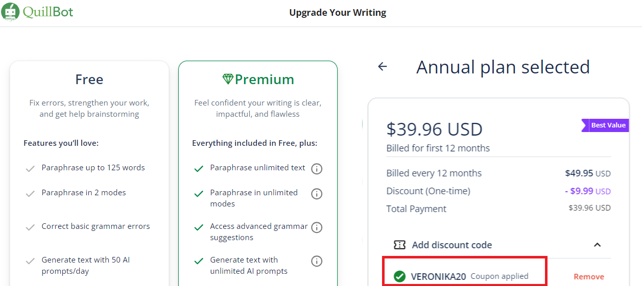 Quillbot Coupon VERONIKA20 Validation Proof