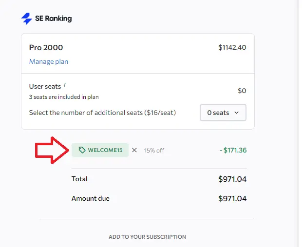 SE Ranking Coupon WELCOME15 Validation Proof