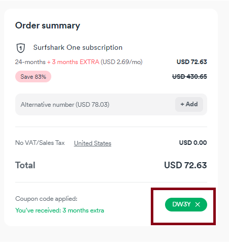 SurfShark VPN Coupon DW3Y Validation Proof