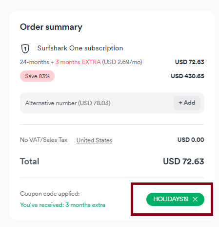 SurfShark VPN Coupon HOLIDAYS19 Validation Proof