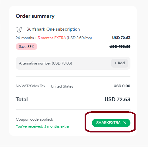 SurfShark VPN Coupon SHARKEXTRA Validation Proof