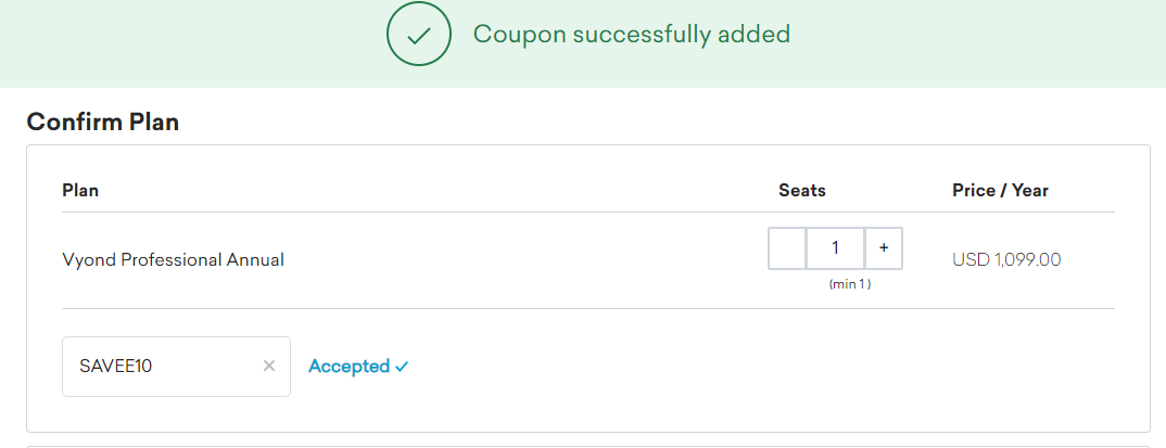 Vyond Coupon SAVEE10 Validation Proof