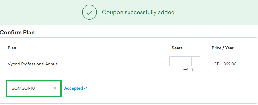 Vyond Coupon SOMSON10 Validation Proof
