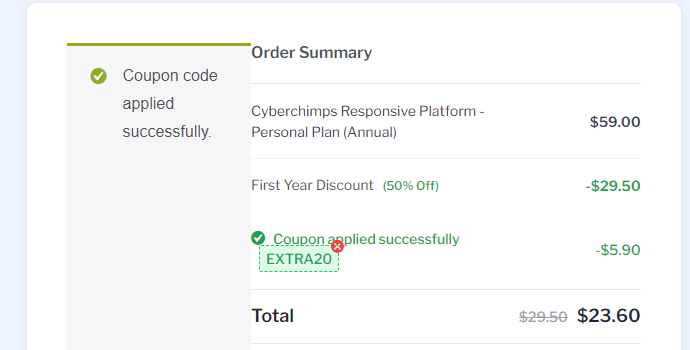 cyberchimps Coupon EXTRA20 Validation Proof